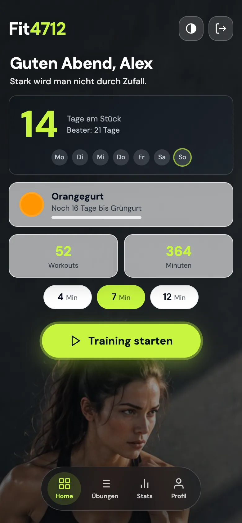 Fit4712 App: Dashboard mit Streak, Gürtel-Fortschritt und Trainingsstart