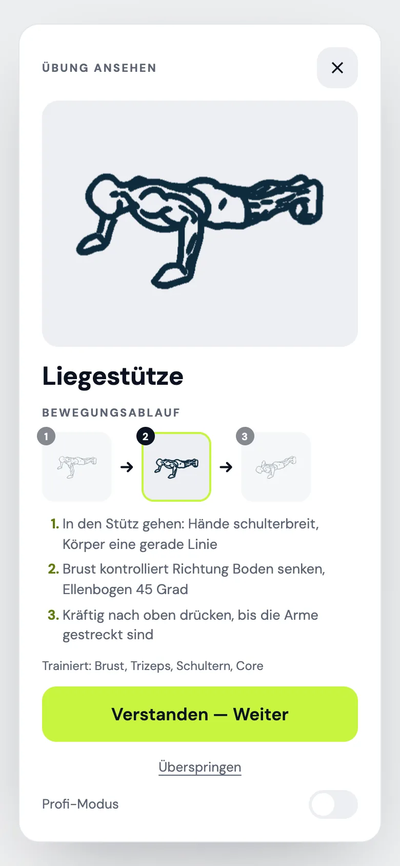 Fit4712 App: Übungsansicht mit animierter Figur und Bewegungsablauf