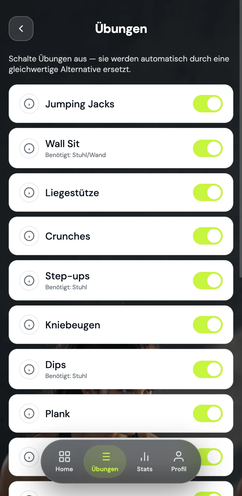 Fit4712 App: Übungsliste mit 17 Übungen